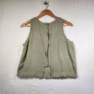 Thread & Supply Sage Green Linen Blend Frayed Hem Button Back Tank Top Small